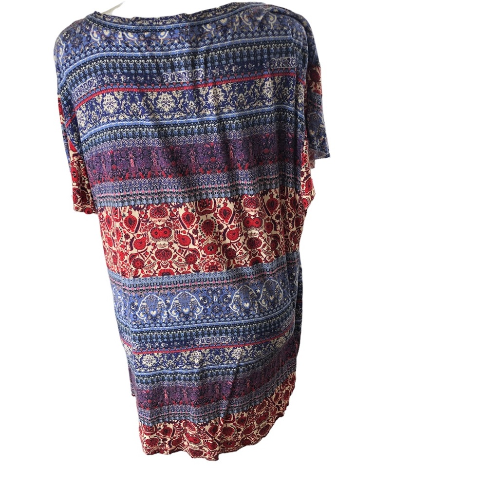 Live and Let Live Popover Top Women XL Blue Red Tan Boho Folk Art Print - Picture 5 of 10